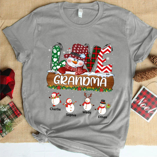 Personalized Grandma Snowman Shirt Grandma With Grandkids Name Christmas T-Shirt
