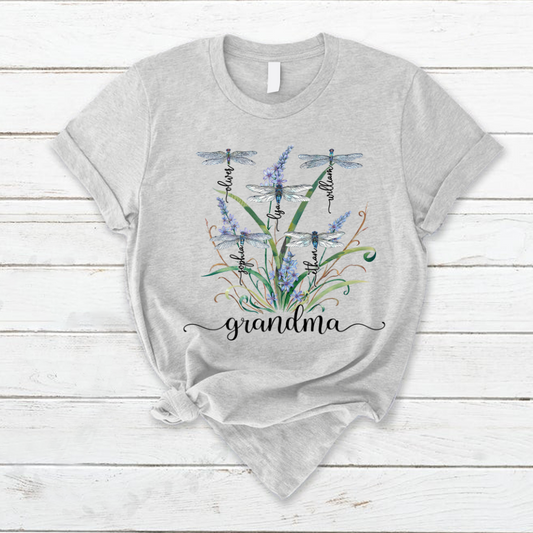 Personalized Grandma With Grandkids Dragonfly Mother's Day T-Shirt