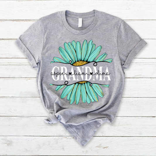 Personalized Grandma and Grandkids Daisy Turquoise, Best Mother's Day Gifts T-Shirt
