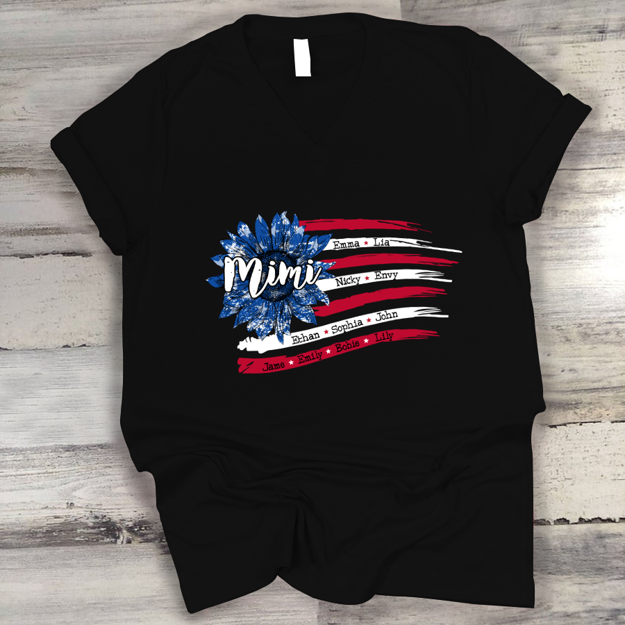 Personalized Grandma with Grandkids Sunflower American Flag  V-Neck