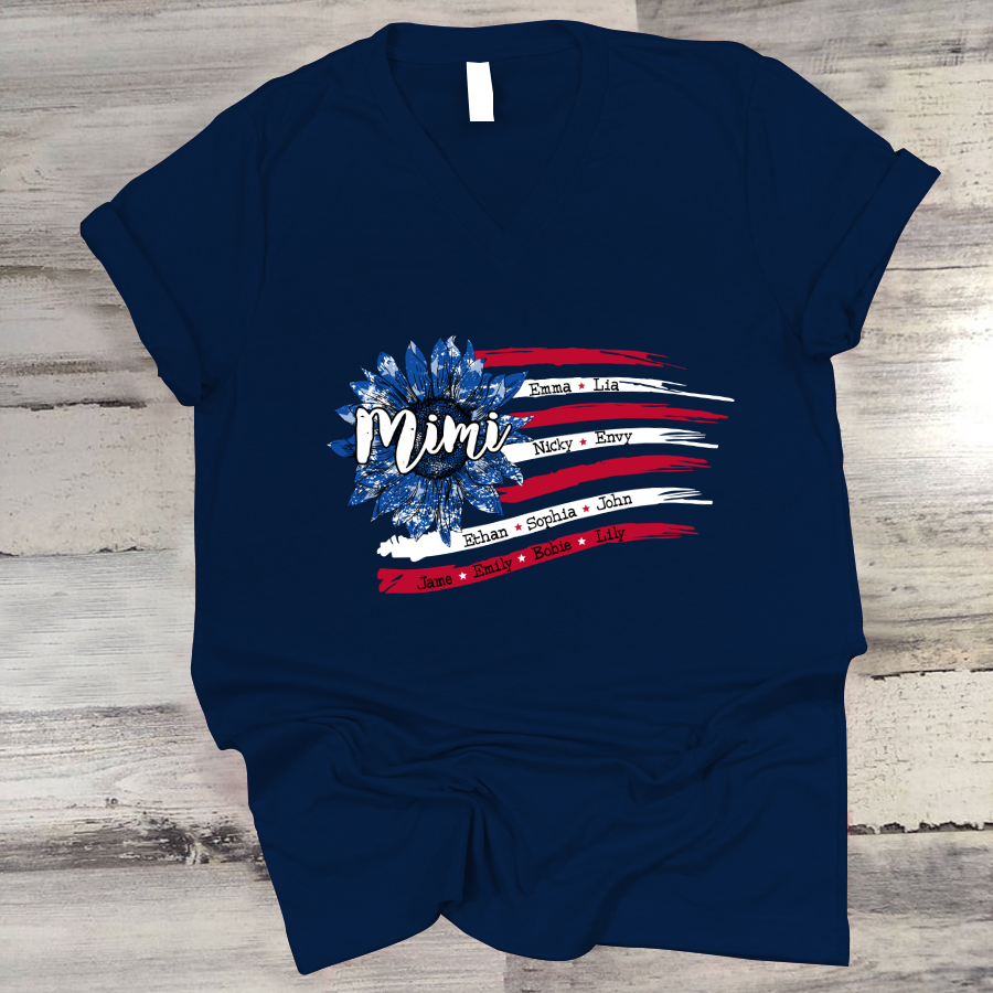 Personalized Grandma with Grandkids Sunflower American Flag  V-Neck