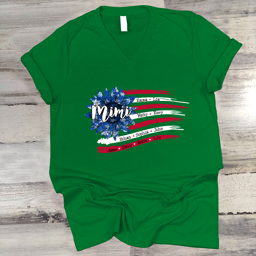Personalized Grandma with Grandkids Sunflower American Flag  V-Neck