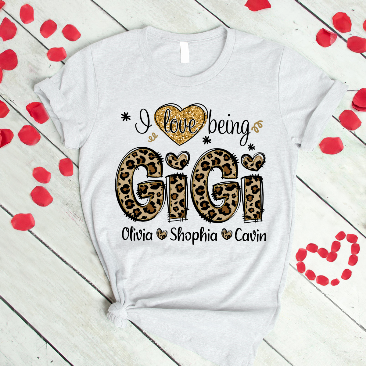 Personalized I love being Gigi Shirt, Custom Grandma With Grandkids Glitter Leopard T-Shirt