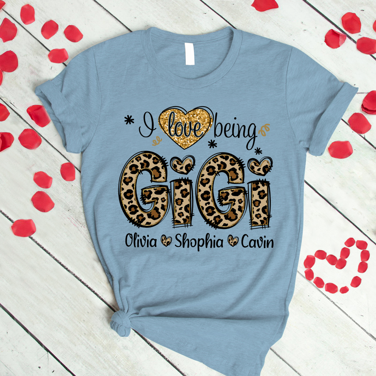 Personalized I love being Gigi Shirt, Custom Grandma With Grandkids Glitter Leopard T-Shirt
