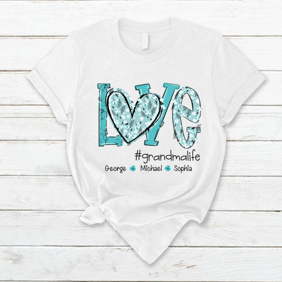 Personalized Love Grandma And Grandkids Pattern Flower Turquoise T-Shirt