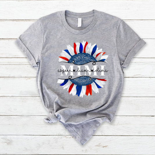 Personalized Mimi And Grandkids Sunflower Flag American T-Shirt