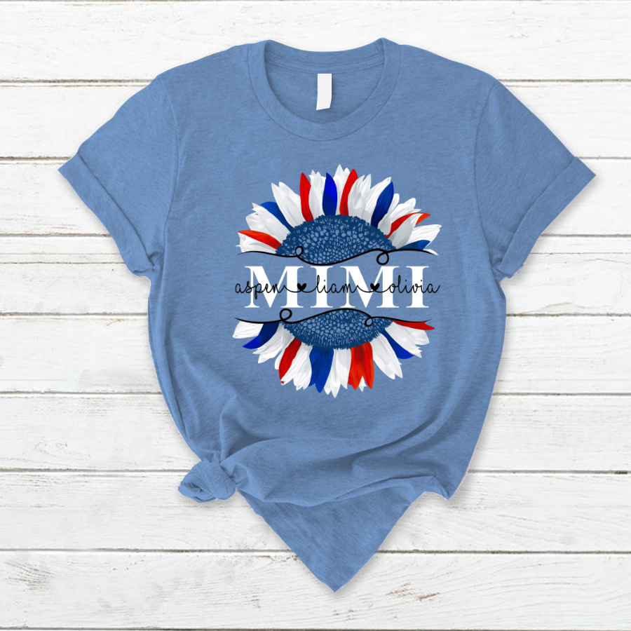 Personalized Mimi And Grandkids Sunflower Flag American T-Shirt