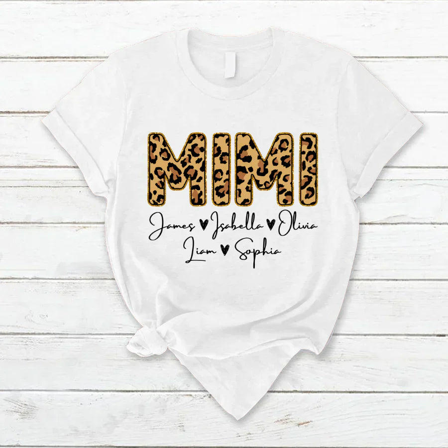 Personalized Mimi Grandkids name leopard T-Shirt