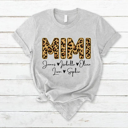 Personalized Mimi Grandkids name leopard T-Shirt