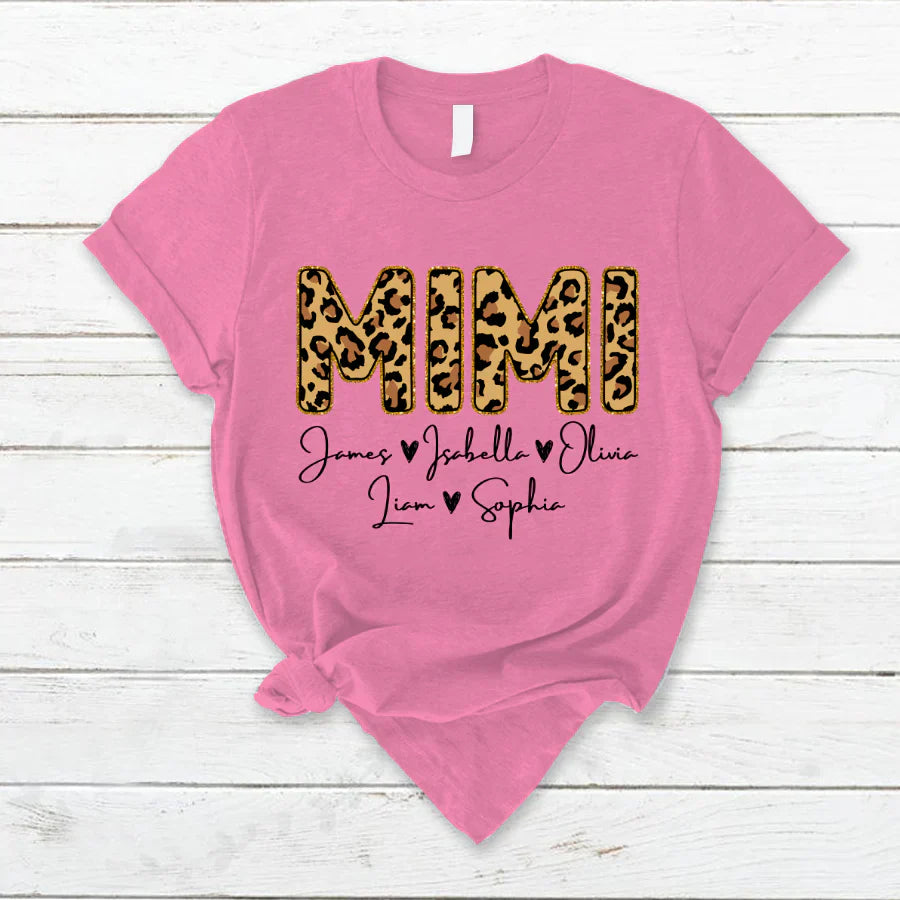Personalized Mimi Grandkids name leopard T-Shirt