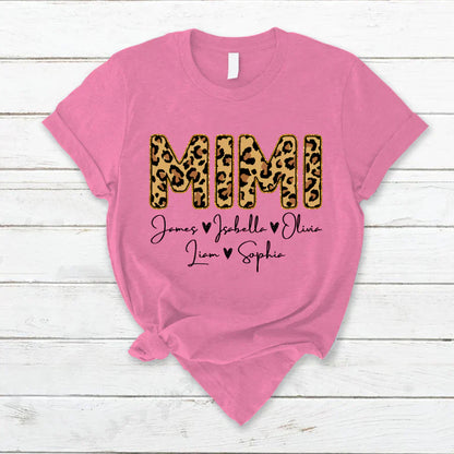 Personalized Mimi Grandkids name leopard T-Shirt