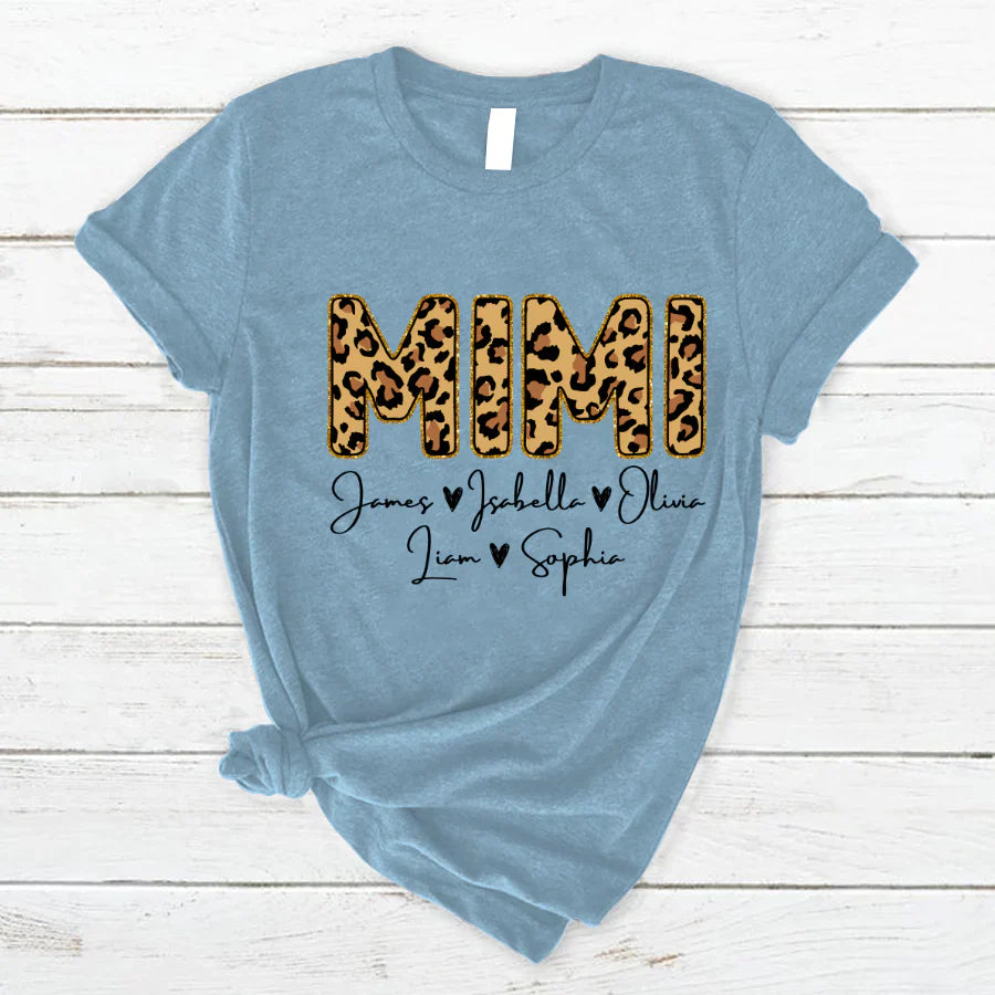 Personalized Mimi Grandkids name leopard T-Shirt