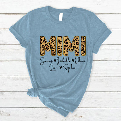 Personalized Mimi Grandkids name leopard T-Shirt