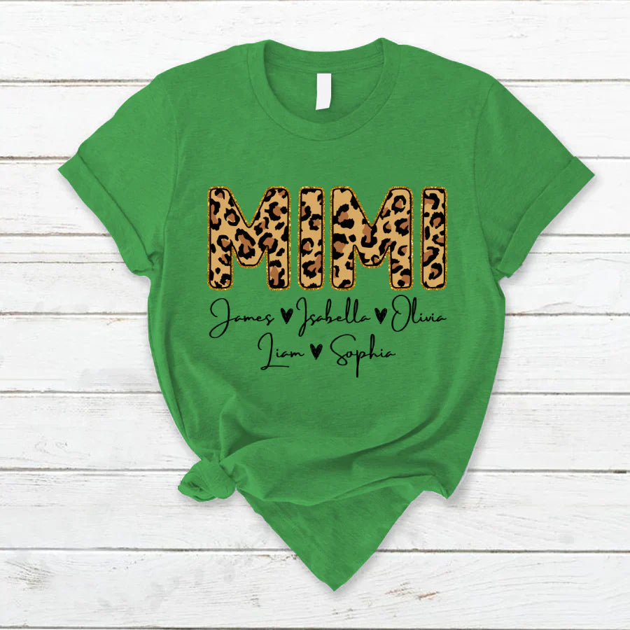 Personalized Mimi Grandkids name leopard T-Shirt