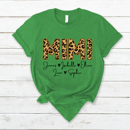 Personalized Mimi Grandkids name leopard T-Shirt
