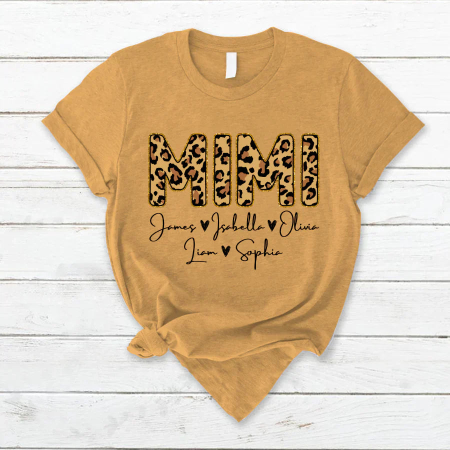 Personalized Mimi Grandkids name leopard T-Shirt