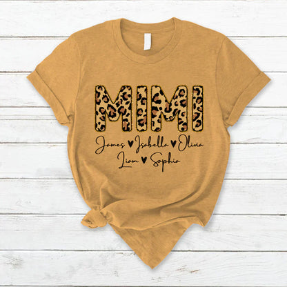 Personalized Mimi Grandkids name leopard T-Shirt