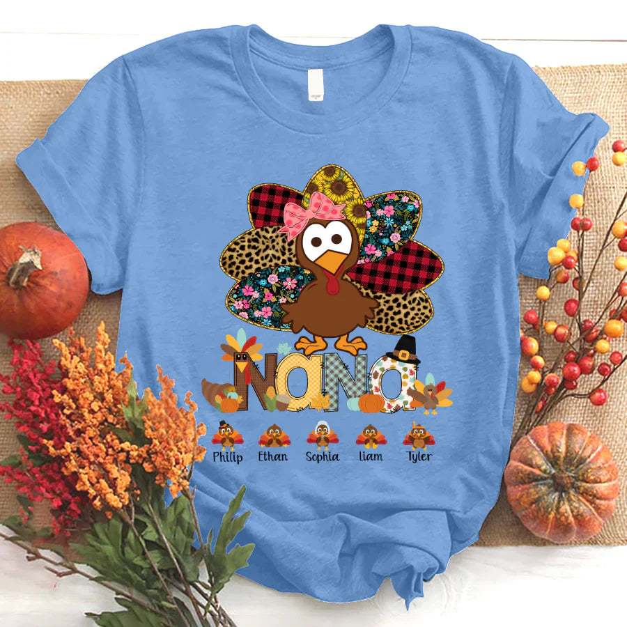 Personalized Nana Thanksgiving Turkey Floral Leopard T-Shirt