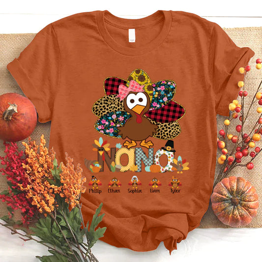 Personalized Nana Thanksgiving Turkey Floral Leopard T-Shirt