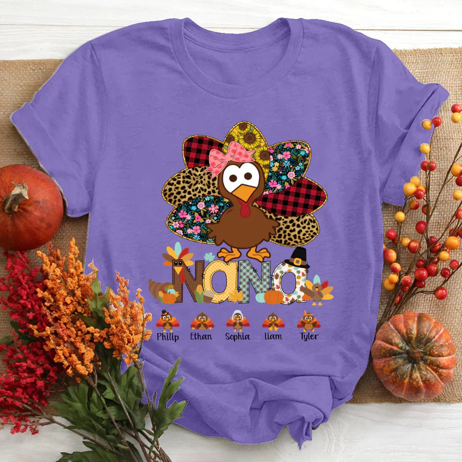 Personalized Nana Thanksgiving Turkey Floral Leopard T-Shirt