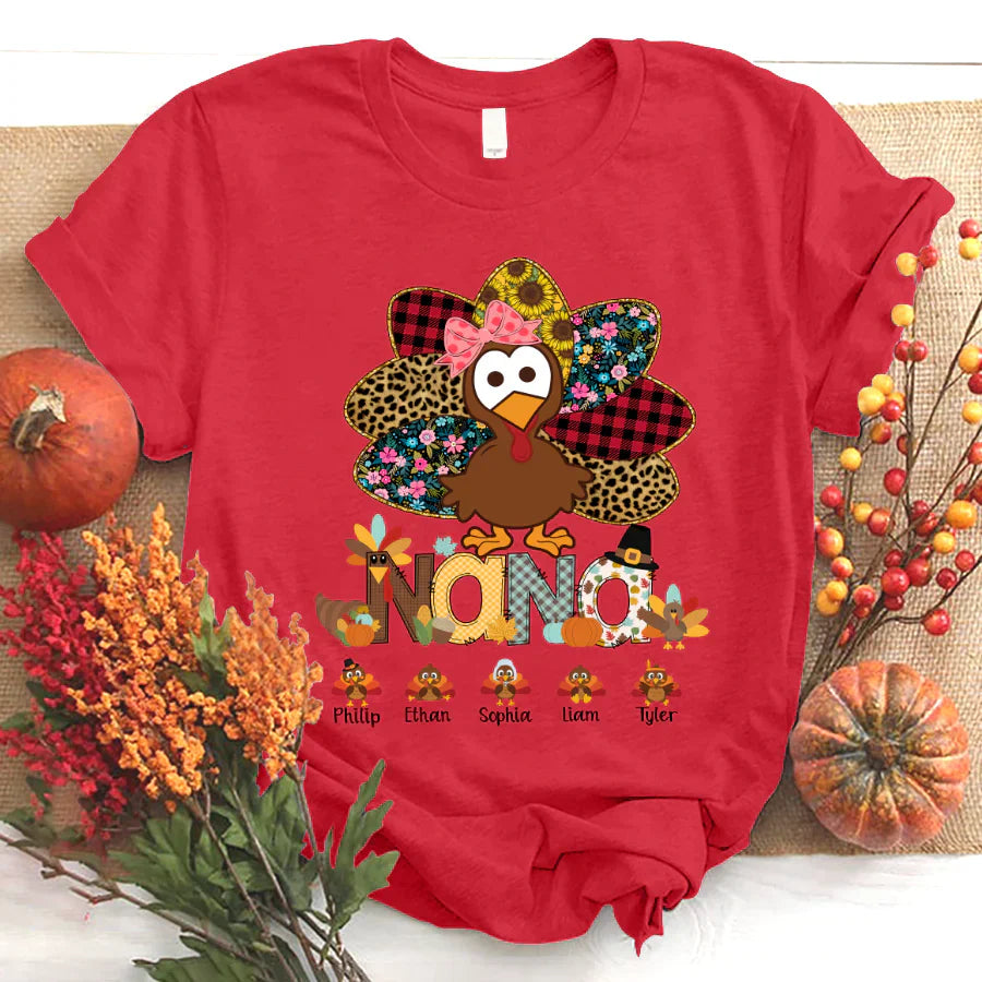 Personalized Nana Thanksgiving Turkey Floral Leopard T-Shirt