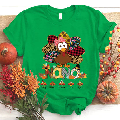 Personalized Nana Thanksgiving Turkey Floral Leopard T-Shirt