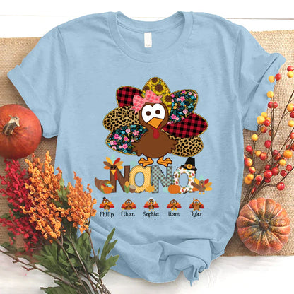Personalized Nana Thanksgiving Turkey Floral Leopard T-Shirt