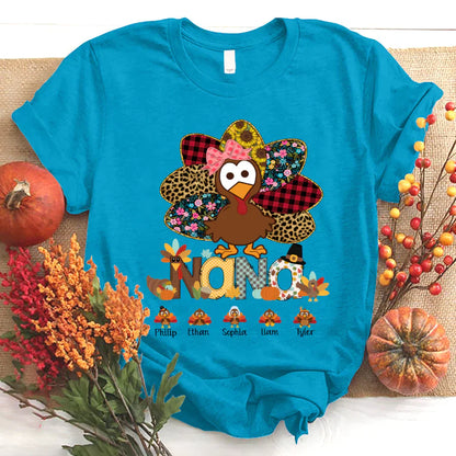 Personalized Nana Thanksgiving Turkey Floral Leopard T-Shirt