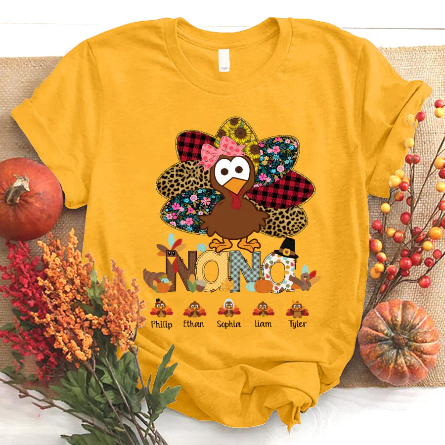 Personalized Nana Thanksgiving Turkey Floral Leopard T-Shirt