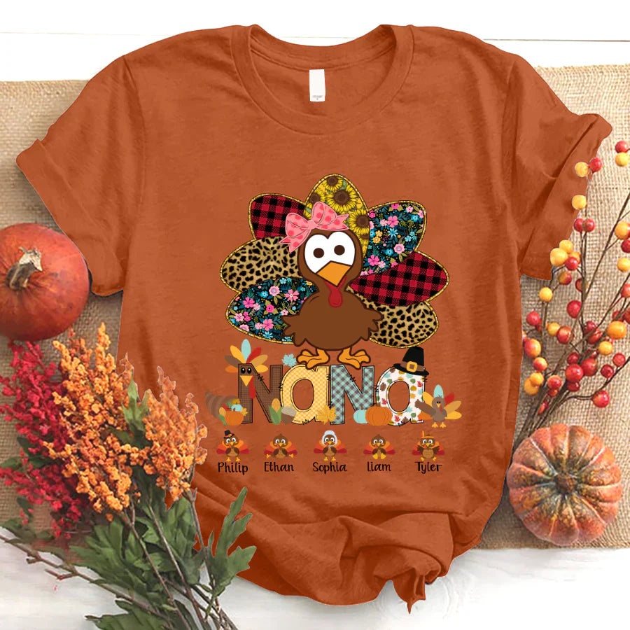 Personalized Nana Thanksgiving Turkey Floral Leopard 2022 T-Shirt