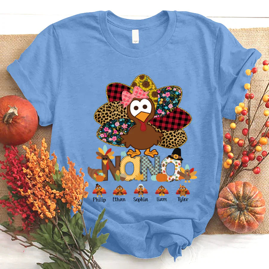 Personalized Nana Thanksgiving Turkey Floral Leopard 2022 T-Shirt