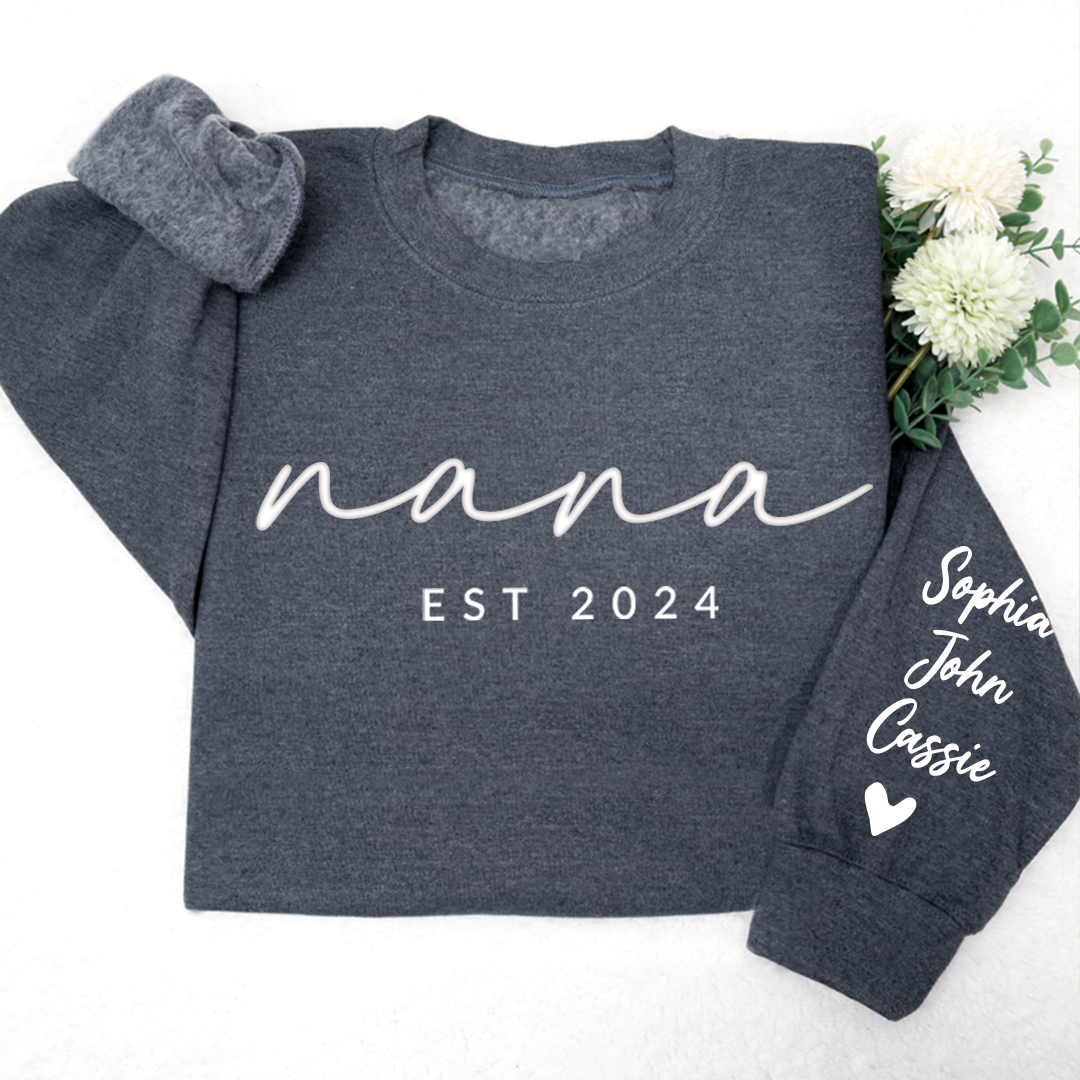 Personalized Puff Grandma Sweatshirt Est Year with Grandkids Names on Sleeve, Mothers Day Gift, Birthday Gift for Grandma