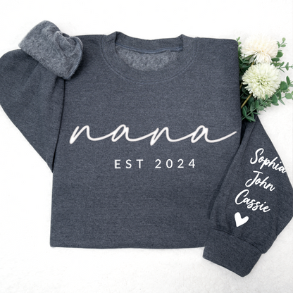 Personalized Puff Grandma Sweatshirt Est Year with Grandkids Names on Sleeve, Mothers Day Gift, Birthday Gift for Grandma