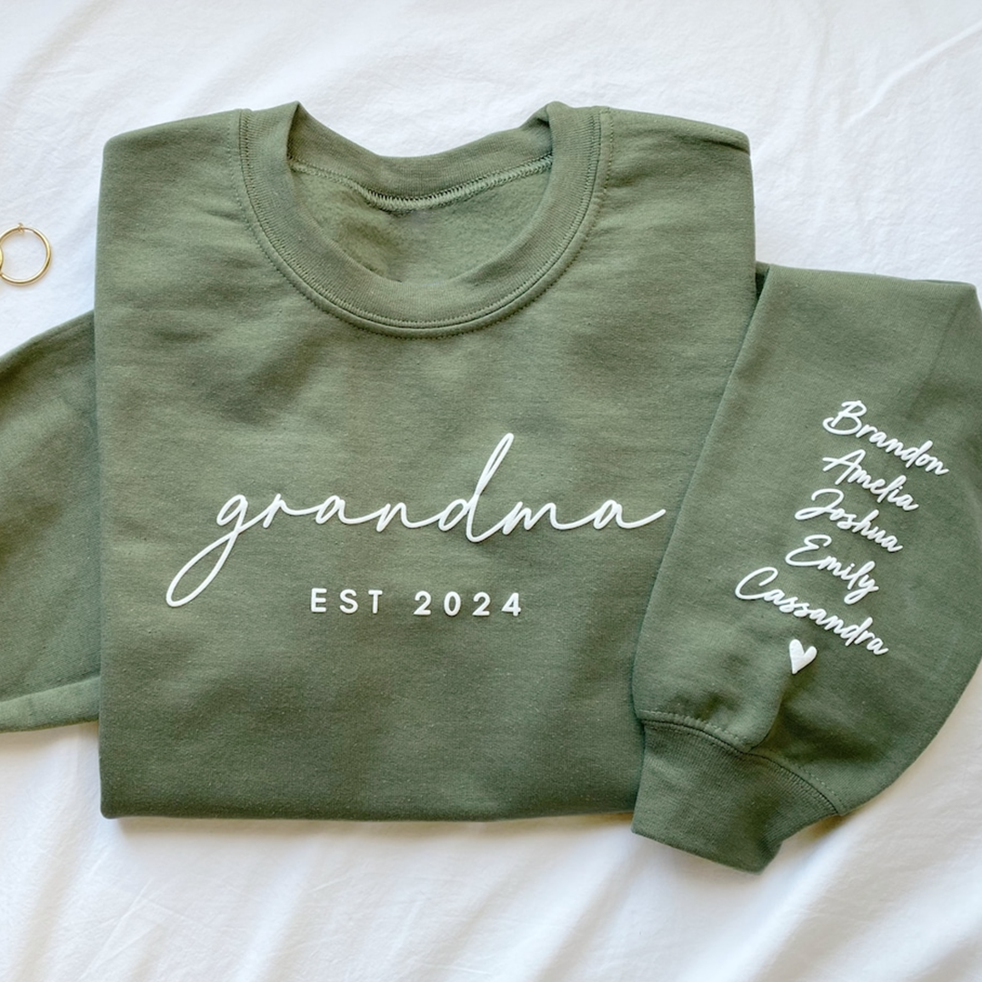 Personalized Puff Grandma Sweatshirt Est Year with Grandkids Names on Sleeve, Mothers Day Gift, Birthday Gift for Grandma