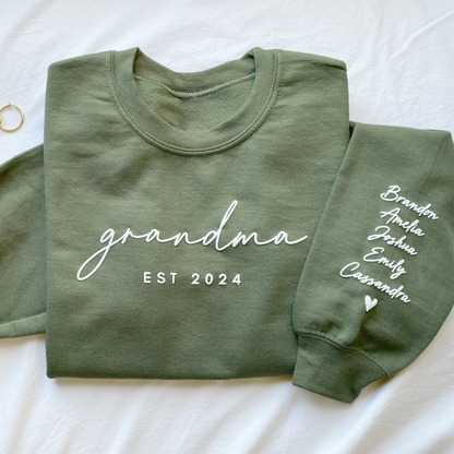 Personalized Puff Grandma Sweatshirt Est Year with Grandkids Names on Sleeve, Mothers Day Gift, Birthday Gift for Grandma