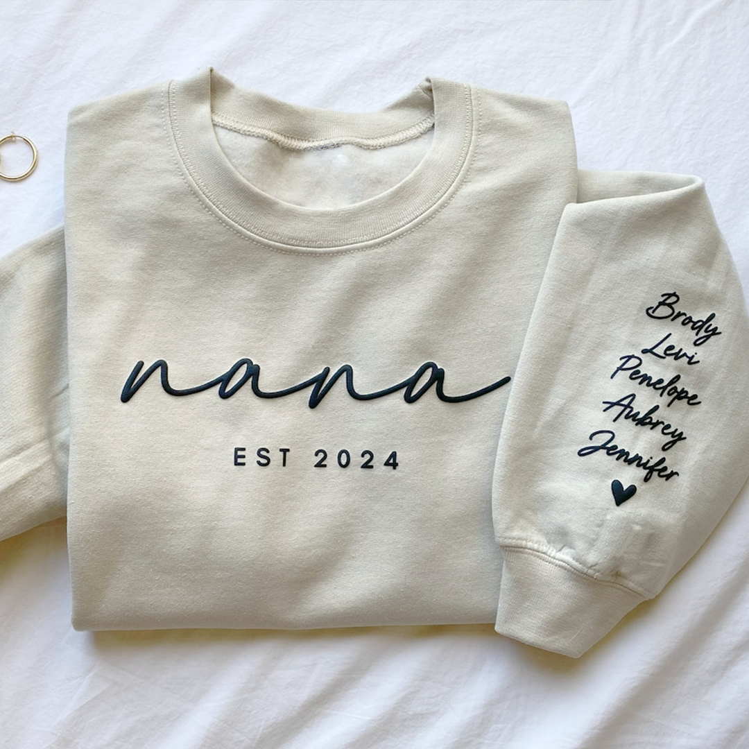 Personalized Puff Grandma Sweatshirt Est Year with Grandkids Names on Sleeve, Mothers Day Gift, Birthday Gift for Grandma
