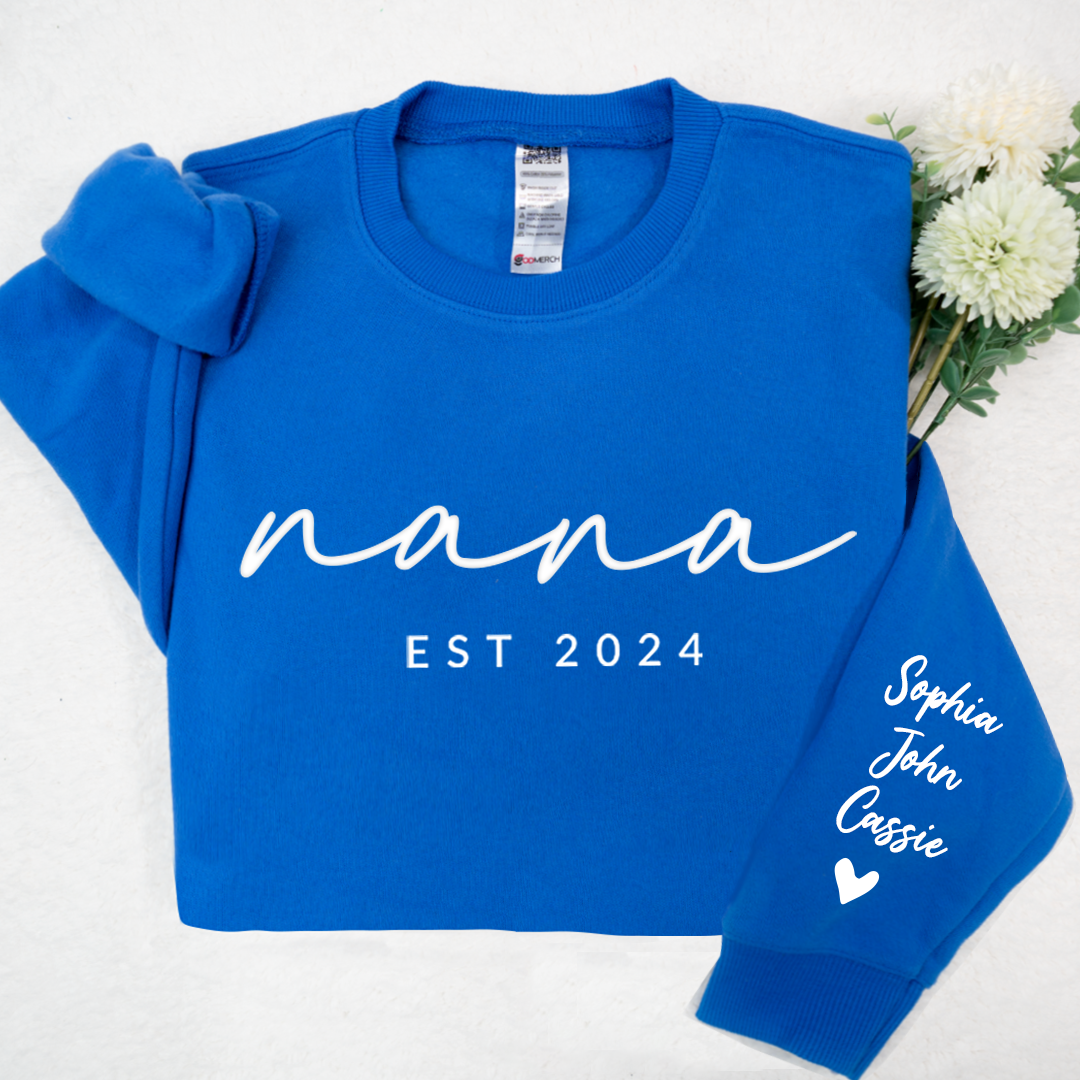 Personalized Puff Grandma Sweatshirt Est Year with Grandkids Names on Sleeve, Mothers Day Gift, Birthday Gift for Grandma