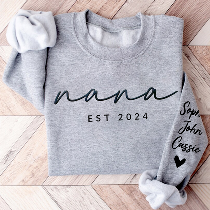Personalized Puff Grandma Sweatshirt Est Year with Grandkids Names on Sleeve, Mothers Day Gift, Birthday Gift for Grandma