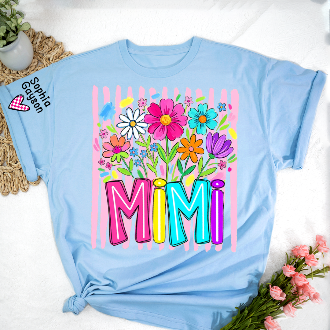 Striped Wildflowers Mimi Floral Grandma Mimi Grandkids Custom Name T-shirt