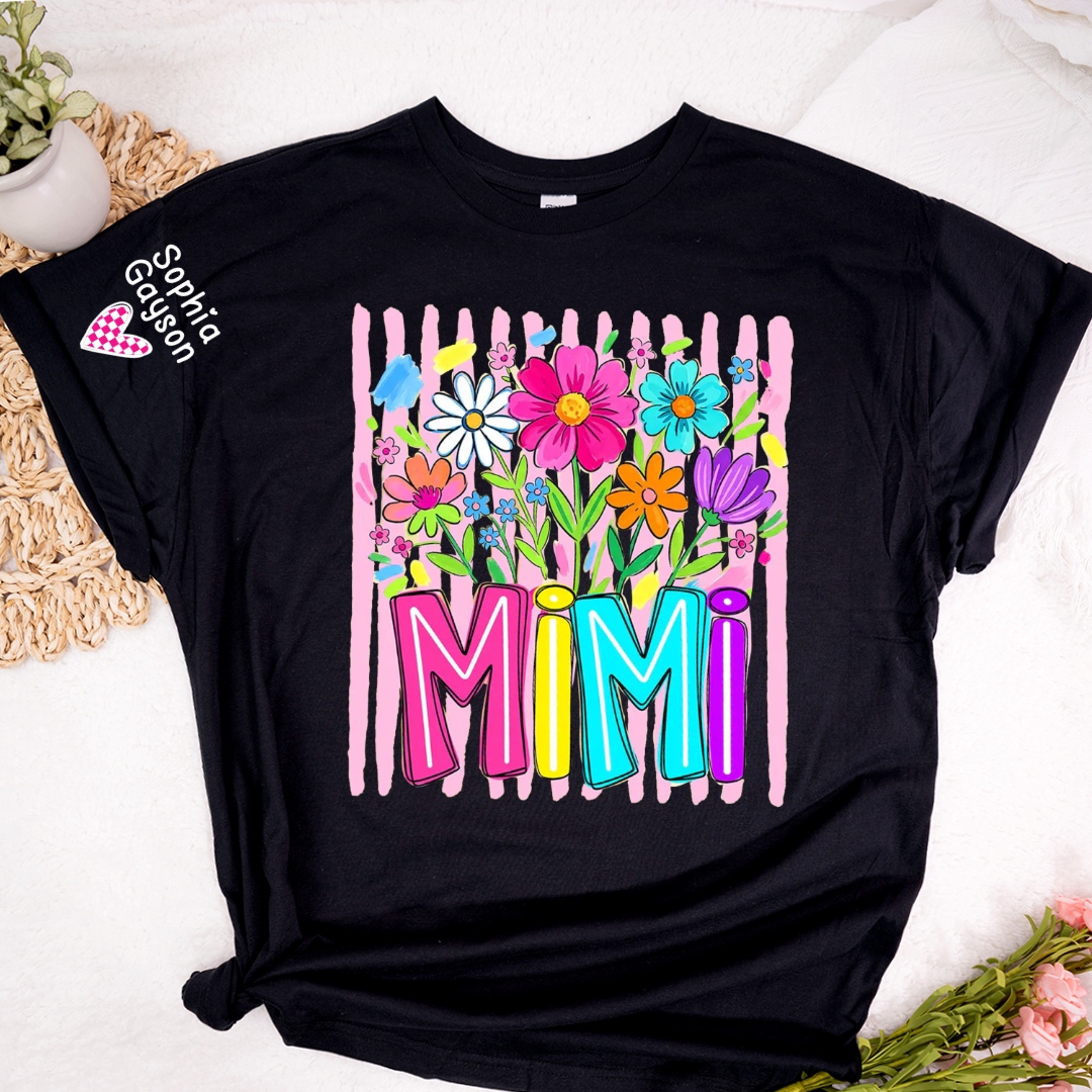Striped Wildflowers Mimi Floral Grandma Mimi Grandkids Custom Name T-shirt