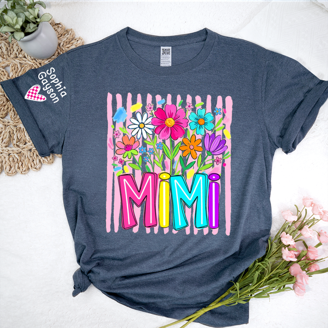 Striped Wildflowers Mimi Floral Grandma Mimi Grandkids Custom Name T-shirt