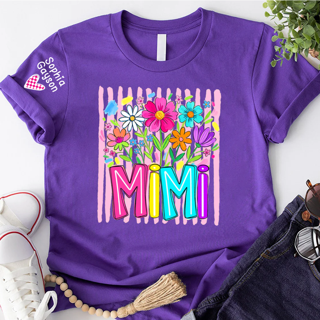 Striped Wildflowers Mimi Floral Grandma Mimi Grandkids Custom Name T-shirt