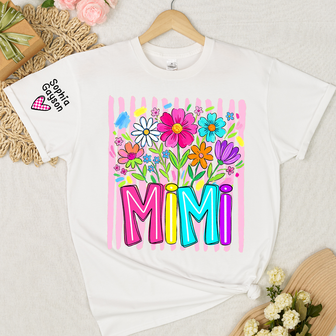 Striped Wildflowers Mimi Floral Grandma Mimi Grandkids Custom Name T-shirt