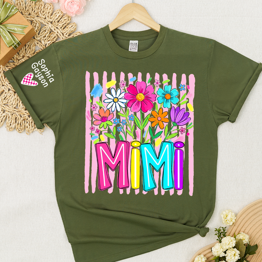 Striped Wildflowers Mimi Floral Grandma Mimi Grandkids Custom Name T-shirt