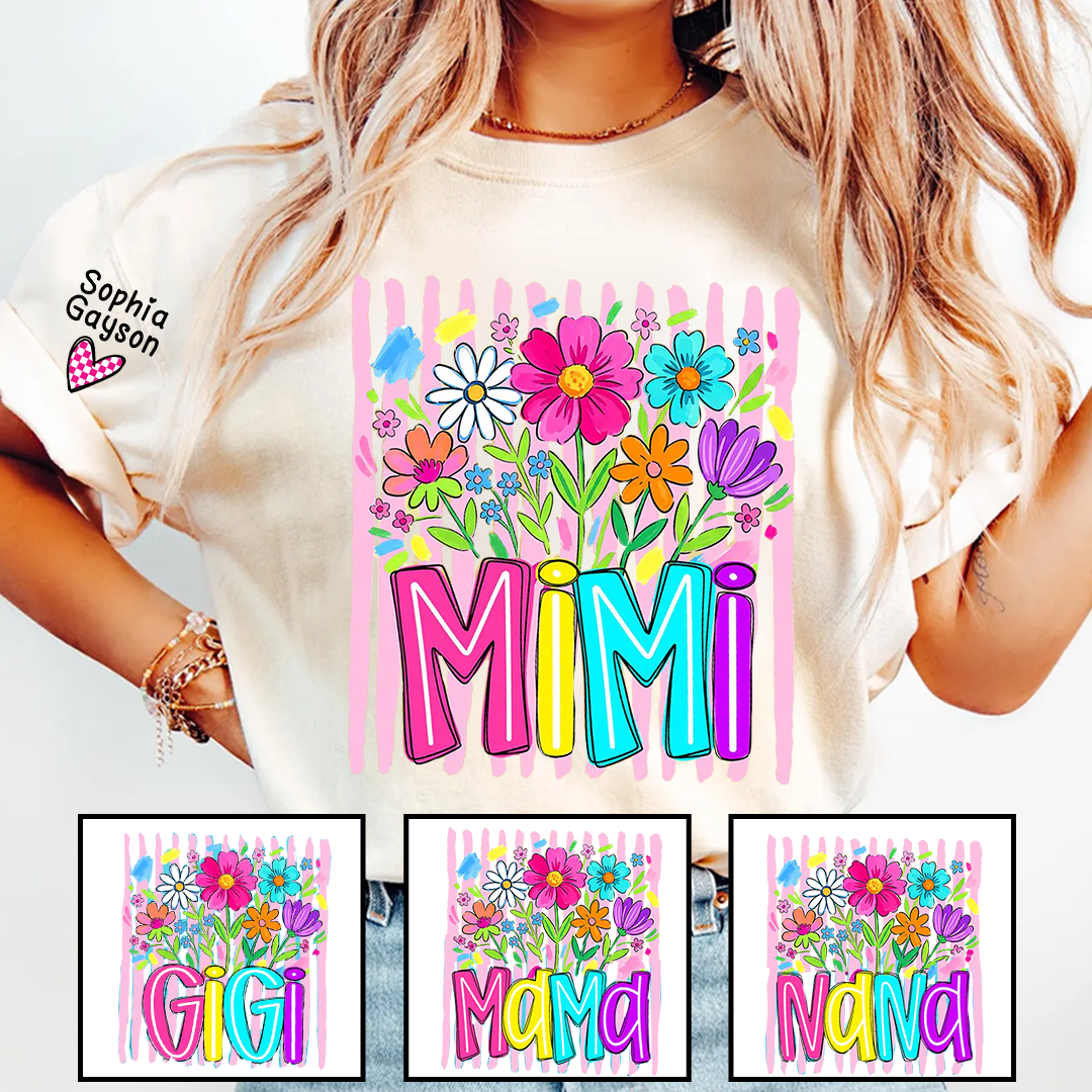 Striped Wildflowers Mimi Floral Grandma Mimi Grandkids Custom Name T-shirt