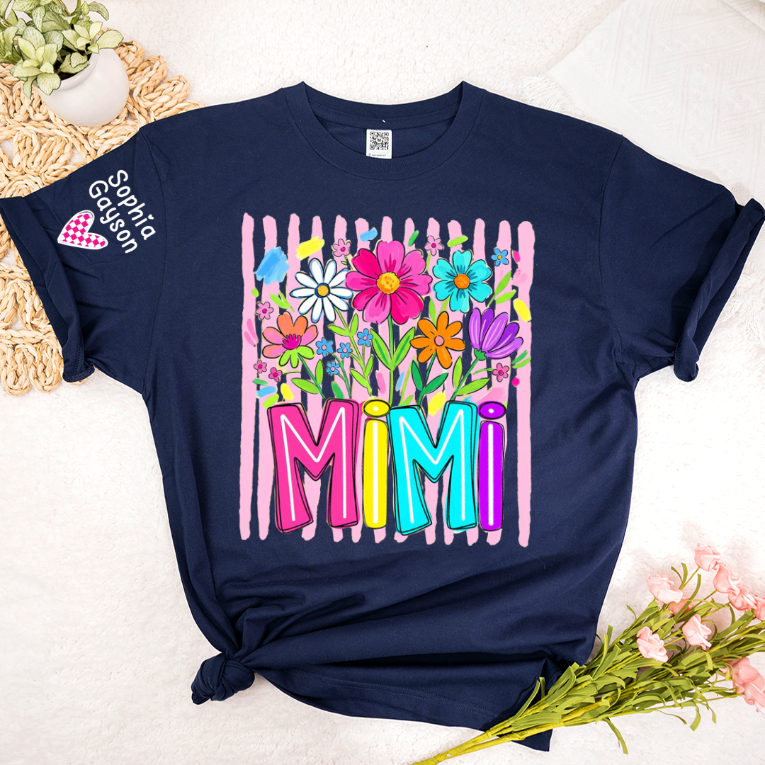 Striped Wildflowers Mimi Floral Grandma Mimi Grandkids Custom Name T-shirt