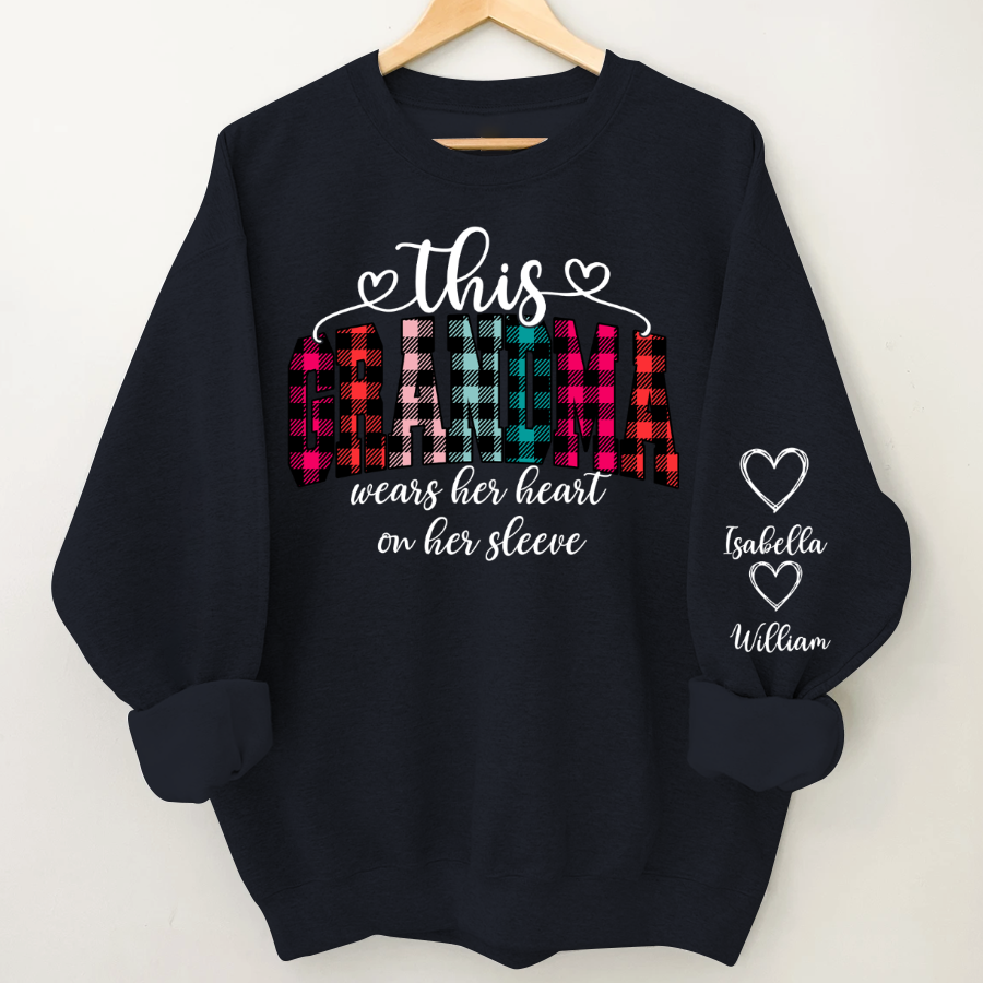This Grandma Were Her Heart On Her Sleeve Personalized Grandma and Grandkids Christmas Gift Shirt