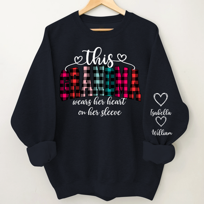 This Grandma Were Her Heart On Her Sleeve Personalized Grandma and Grandkids Christmas Gift Shirt