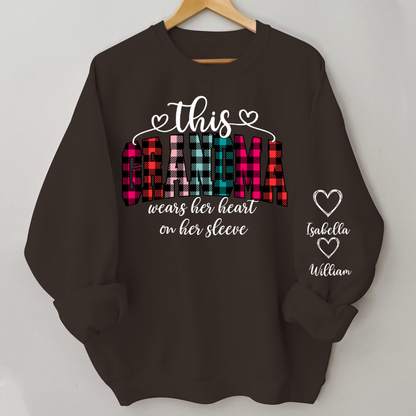 This Grandma Were Her Heart On Her Sleeve Personalized Grandma and Grandkids Christmas Gift Shirt