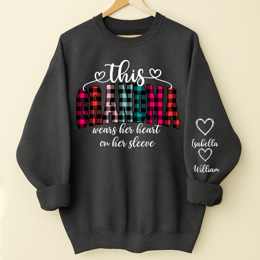 This Grandma Were Her Heart On Her Sleeve Personalized Grandma and Grandkids Christmas Gift Shirt
